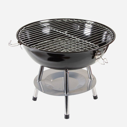 Black charcoal grill with metal stand on a white background