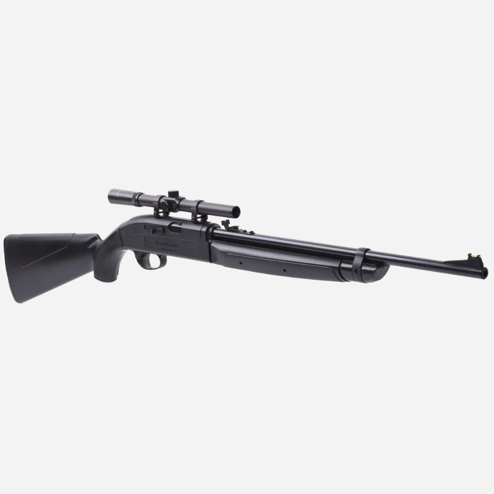 Black rifle with scope on a white background