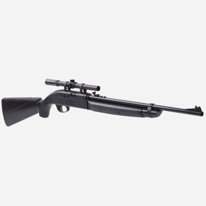 Black rifle with scope on a white background