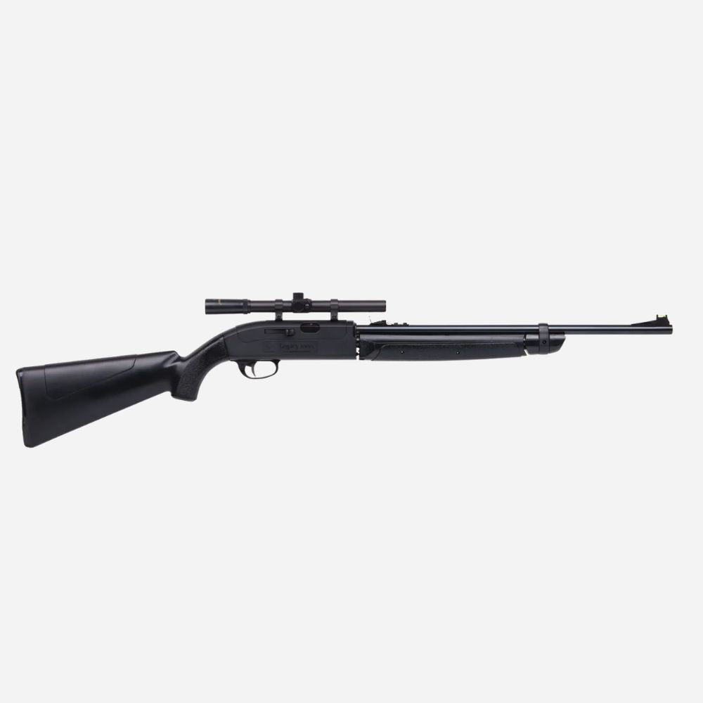 Black air rifle with scope on a white background
