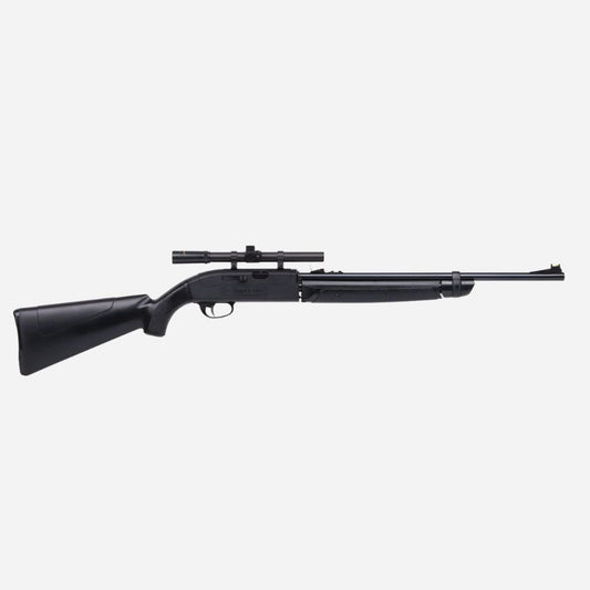 Black air rifle with scope on a white background