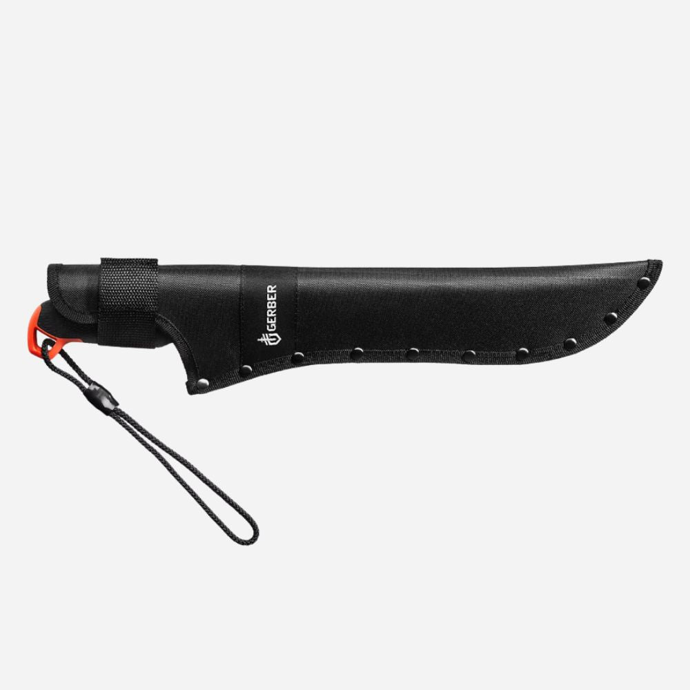 Black knife with sheath on a white background