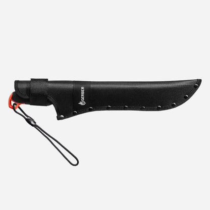 Black knife with sheath on a white background