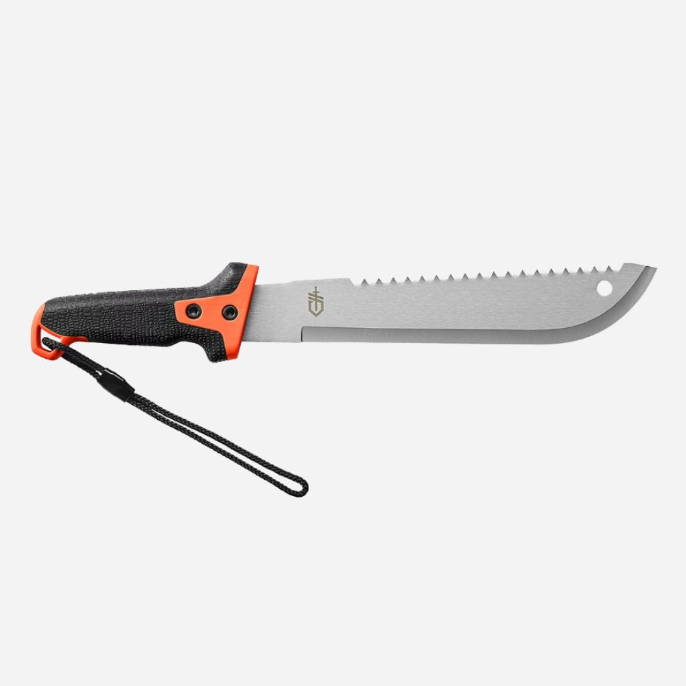 Panga knife with black handle and orange guard on a white background