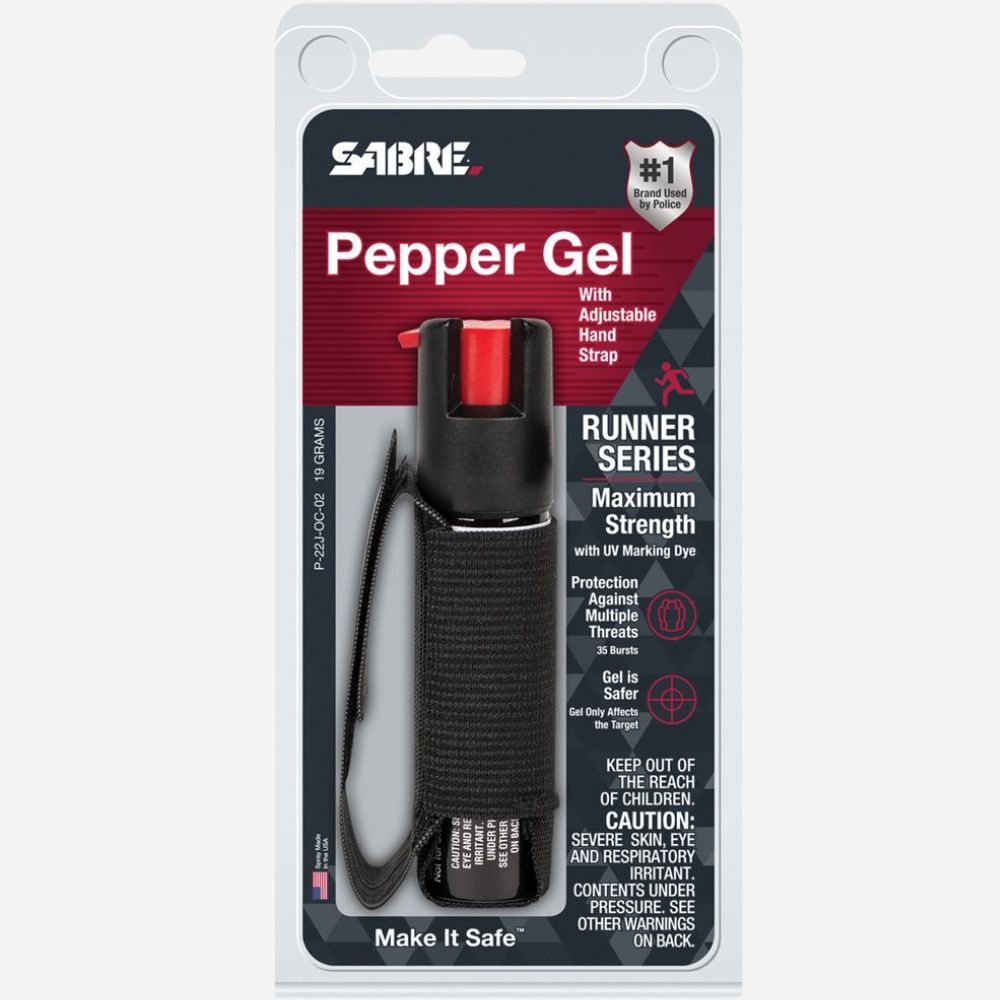 Sabre pepper gel with adjustable hand strip packaging on a white background