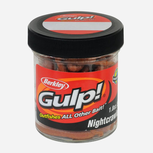 Jar of Berkley Gulp! Nightcrawler fishing bait on a white background