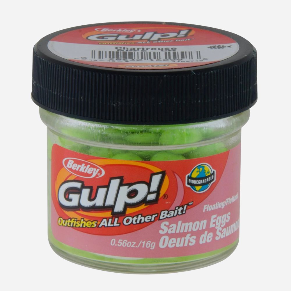 Jar of Berkley Gulp! salmon eggs on a white background
