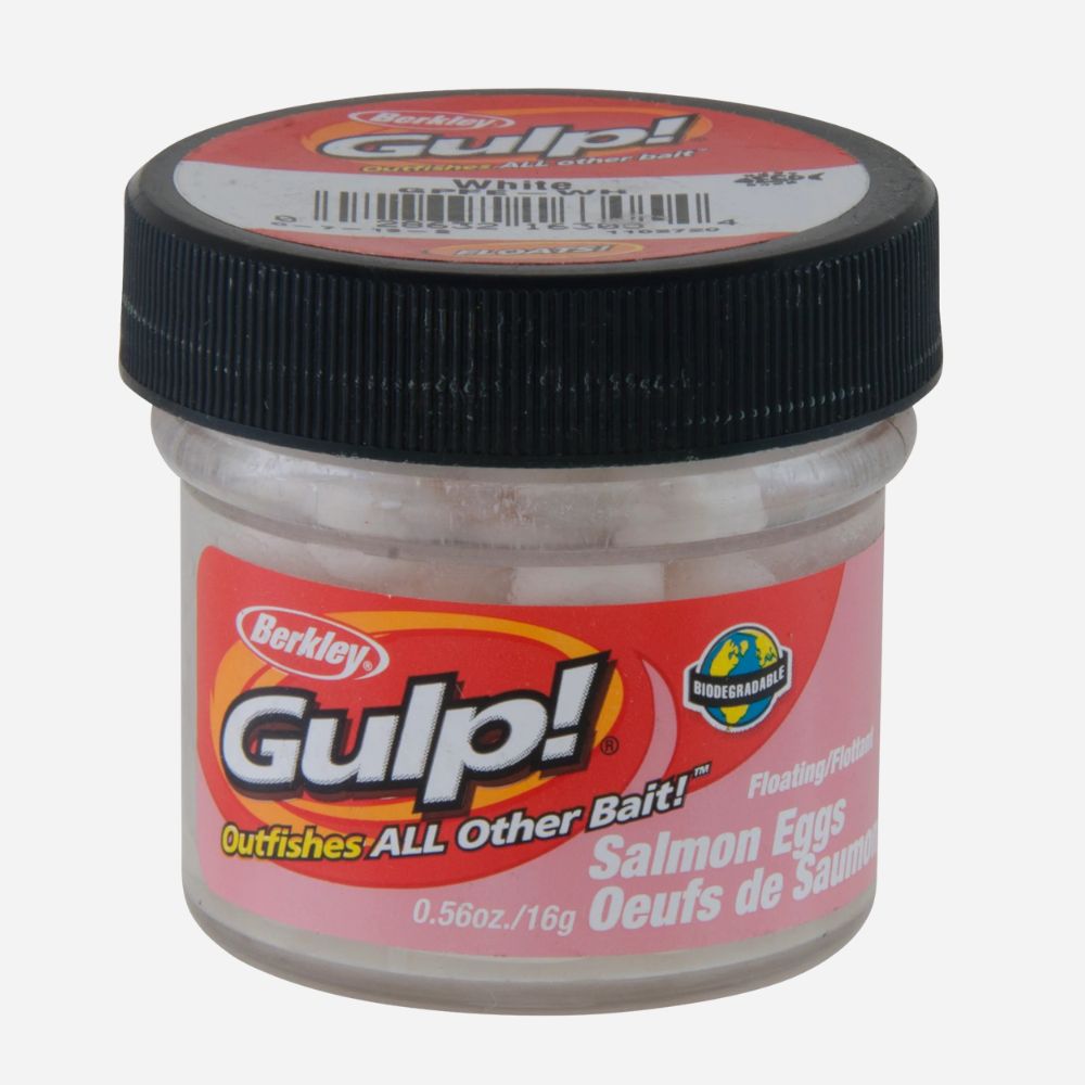 Jar of Berkley Gulp! salmon eggs on a white background
