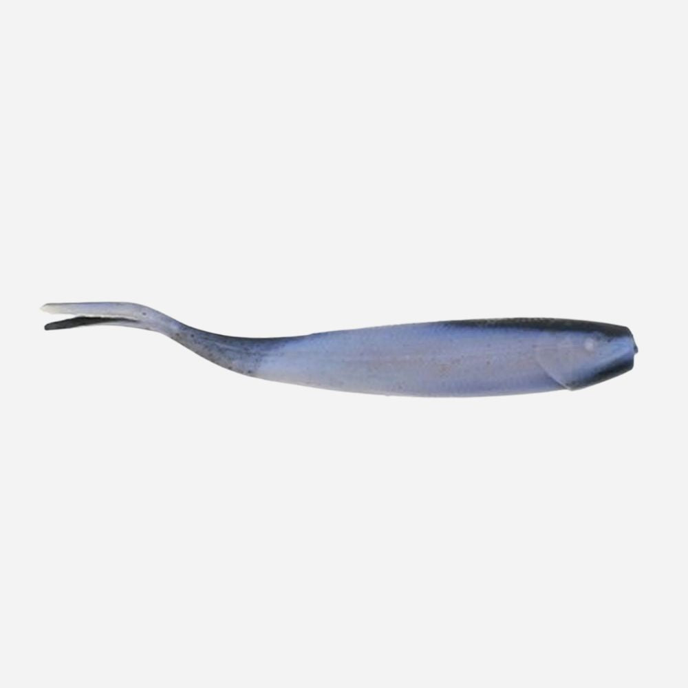 Blue and black fish-shaped lure on a white background