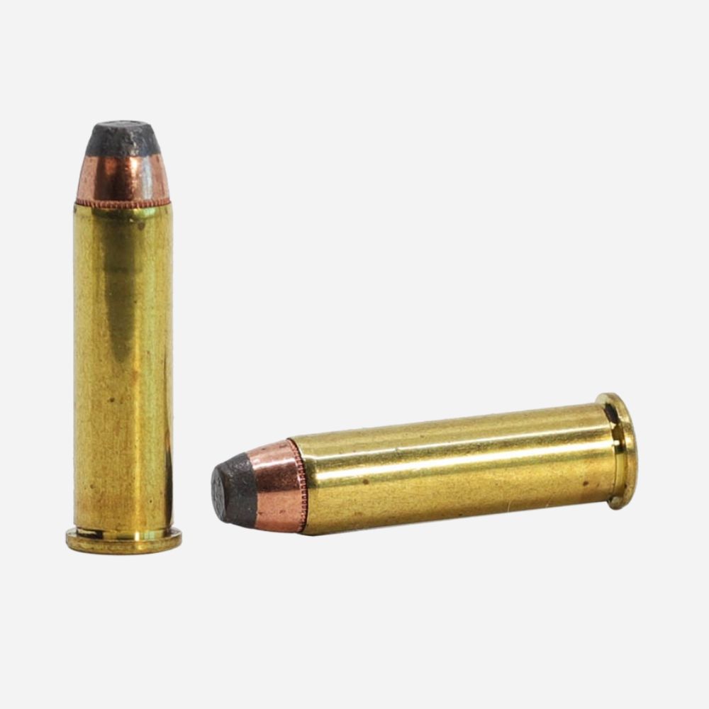 Two brass rifle cartridges on a white background