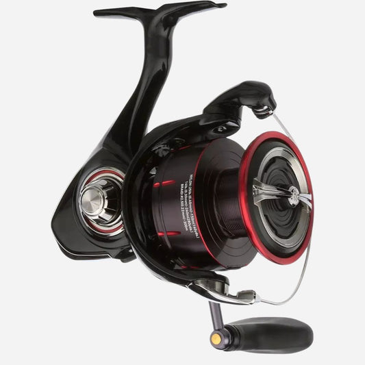 Fishing reel with black and red design on a white background