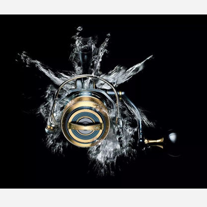 Fishing reel with water splash effect on a black background