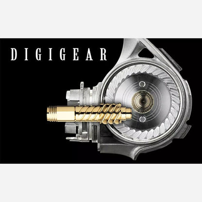 Close-up of mechanical component with gold nozzle on a black background, featuring the 'DIGIGEAR' brand.