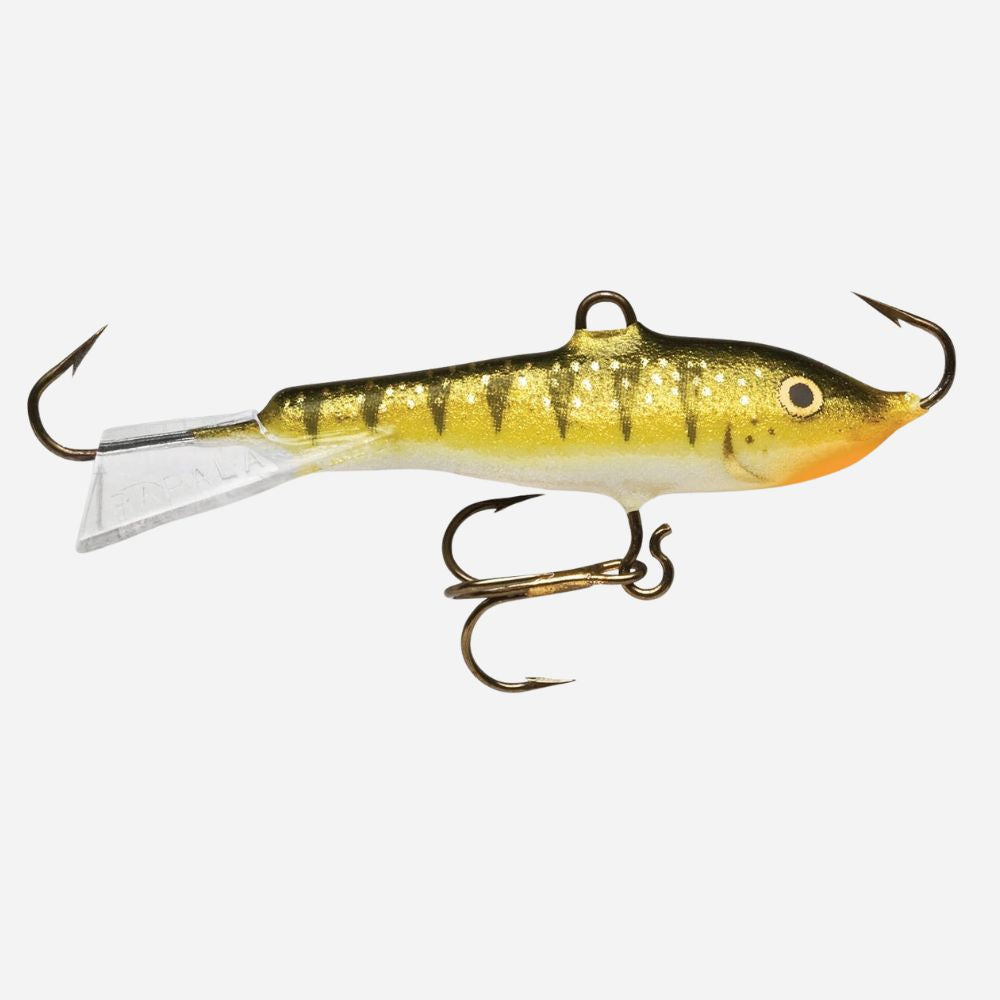 Fishing lure with a striped body and orange mouth on a white background