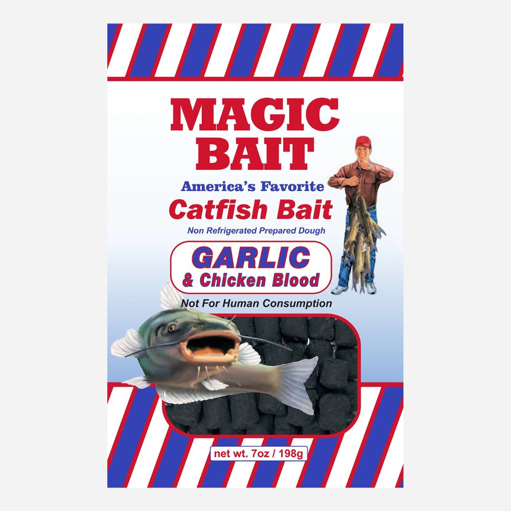 Catfish bait package with a fish and a man on a white background