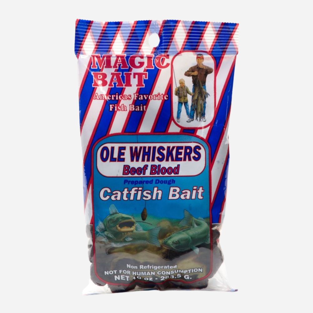 Package of Ole Whiskers Catfish Bait with red, white, and blue design on a white background