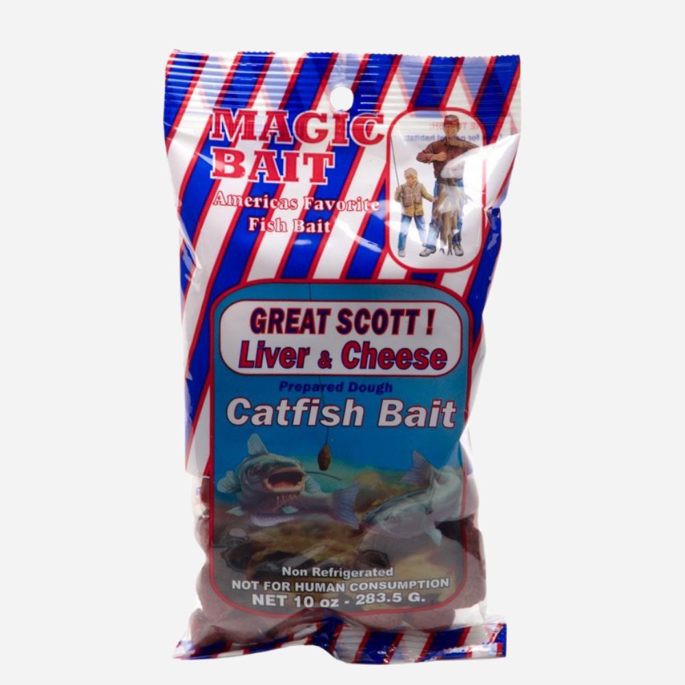 Packaged catfish bait with colorful label on a white background