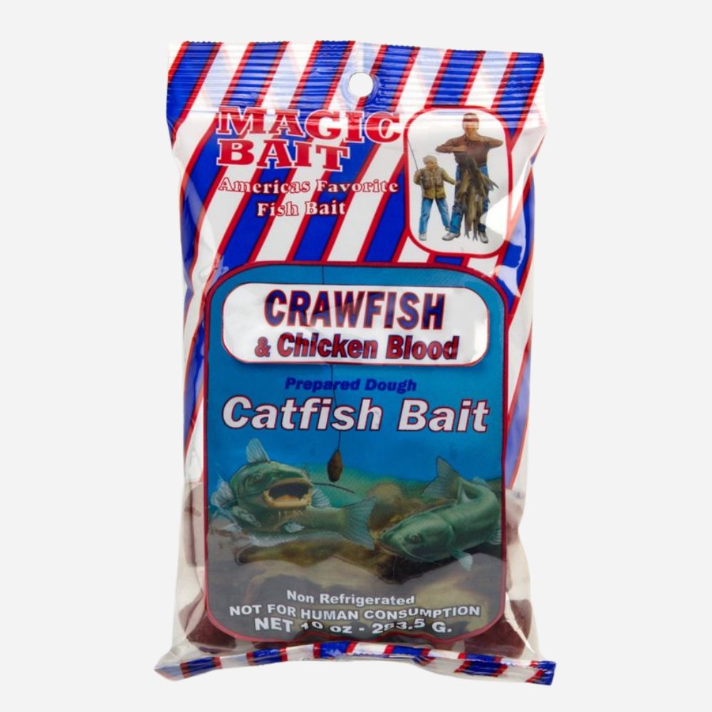 Package of Magic Bait catfish bait with red, white, and blue design.