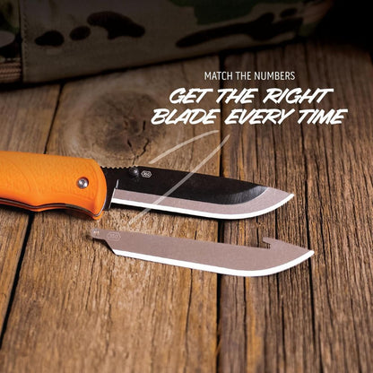 Two knives on a wooden surface with text about blade matching.