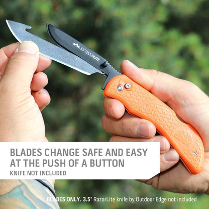 Person holding a folding knife with an orange handle and text about blade change mechanism.