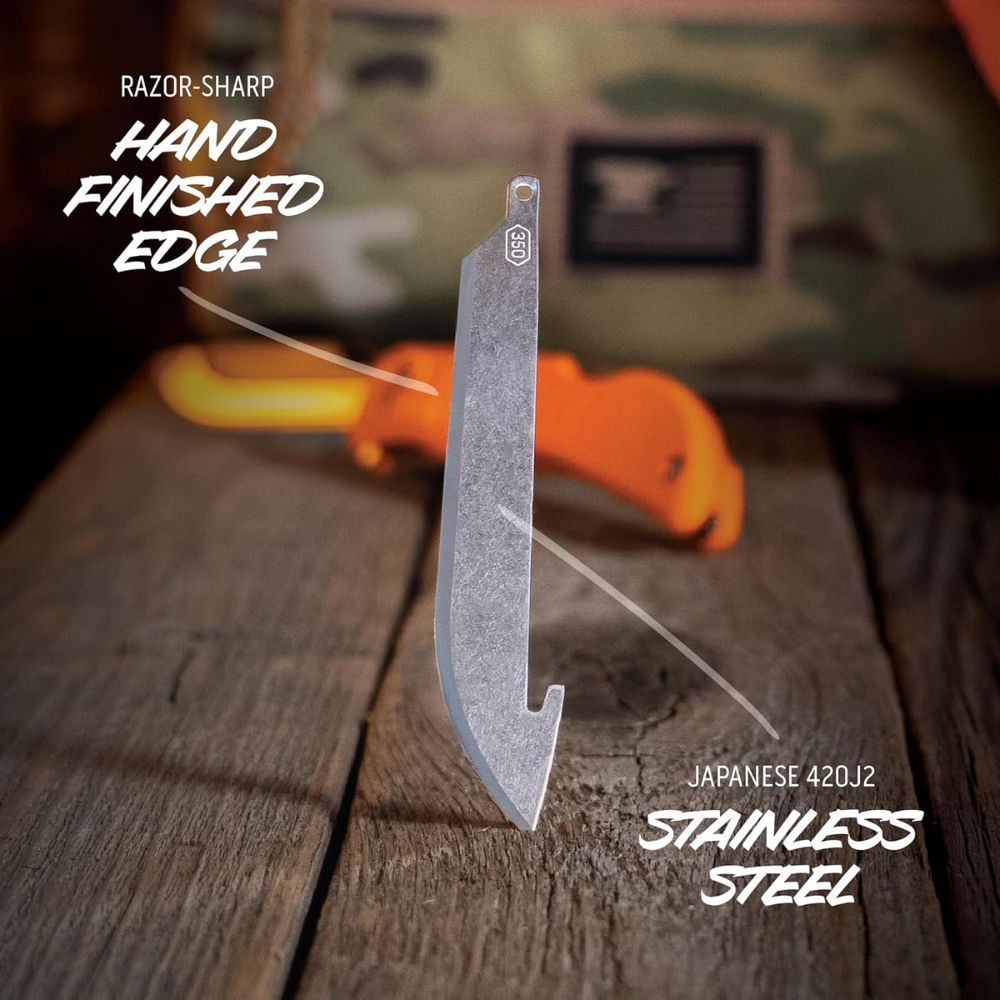Knife with 'Razor-Sharp Hand Finished Edge' and 'Japanese 420J2 Stainless Steel' text on a wooden surface.