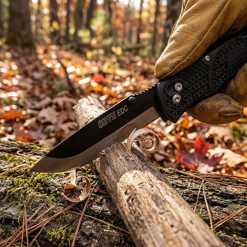 Black EDC knife held by a gloved hand on a log with an autumn forest background