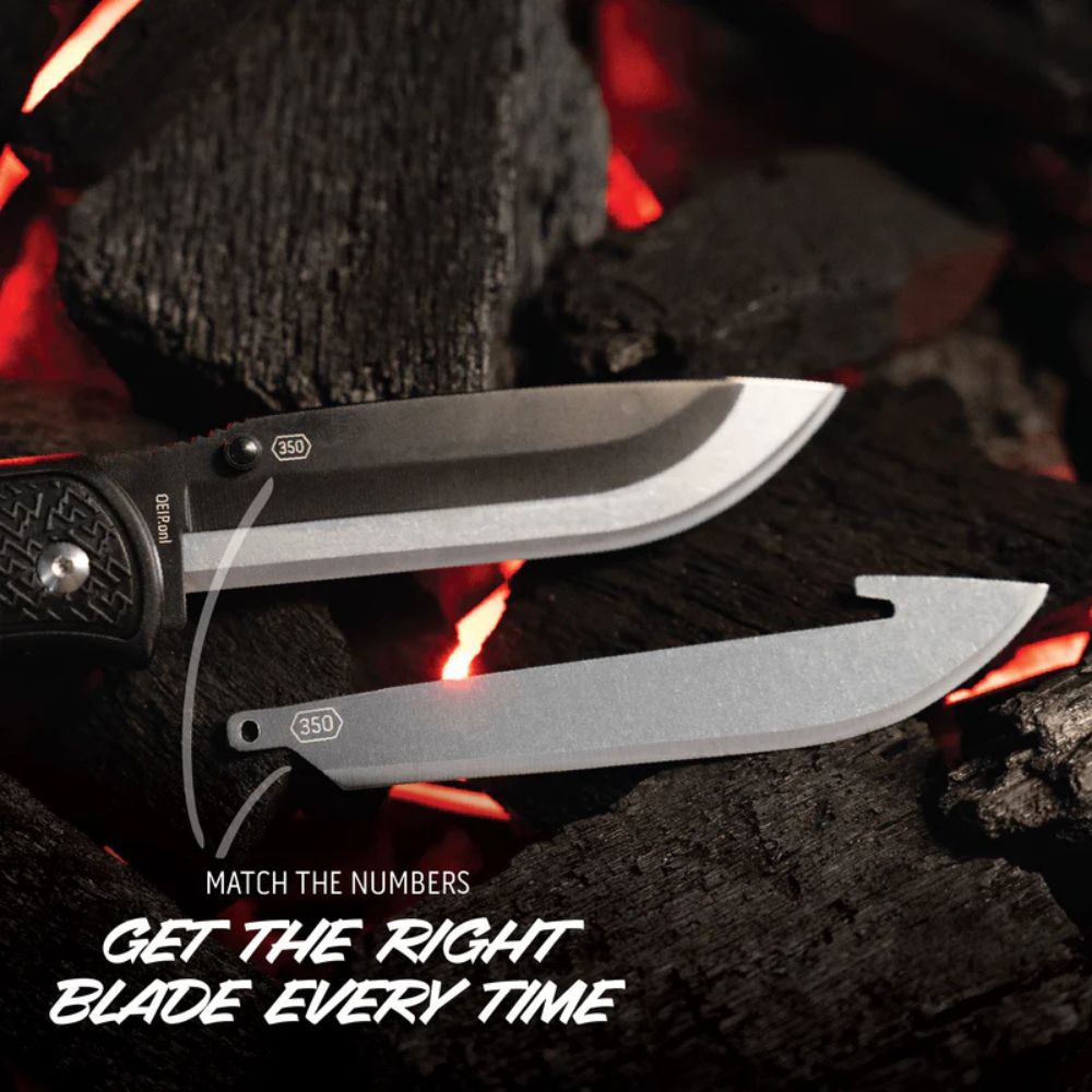 Two knives on a dark surface with flames in the background, featuring the brand '350'.