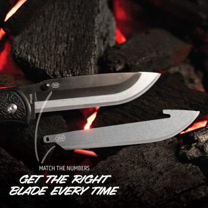 Two knives on a dark surface with flames in the background, featuring the brand '350'.
