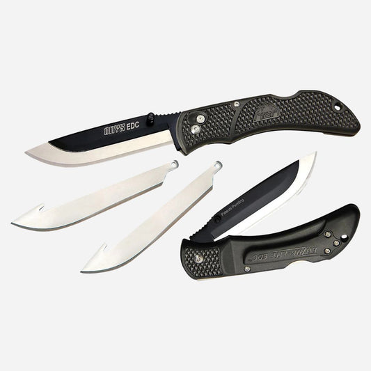 Two folding knives with black handles and silver blades on a white background
