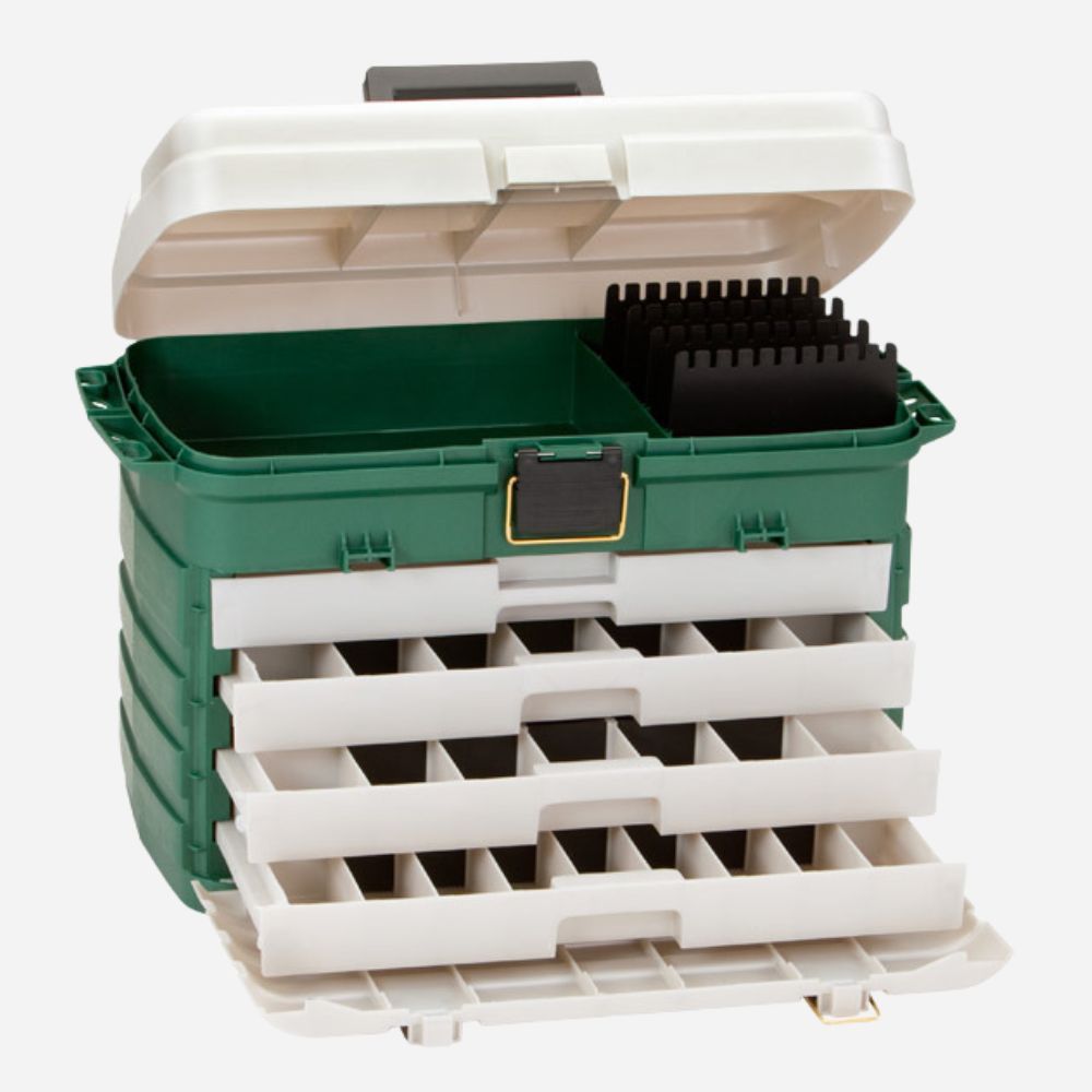 Green and beige tool box with open lid on a white background