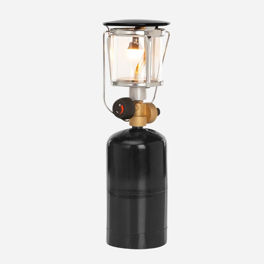 Black camping lantern with clear glass罩on a white background
