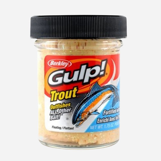 Jar of Berkley Gulp! Trout fishing bait on a white background