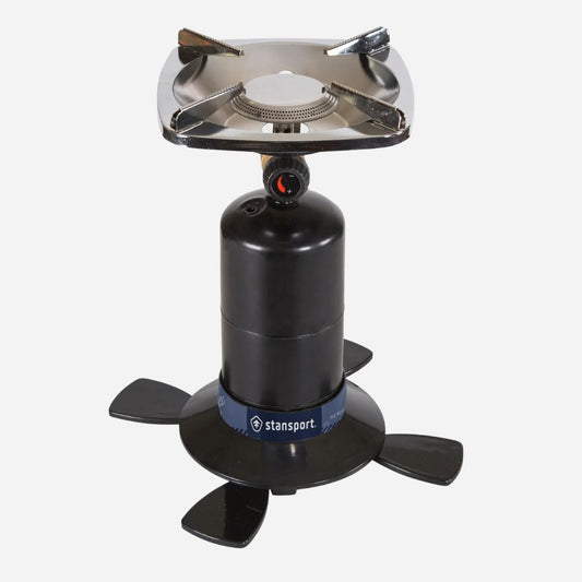 Portable camping stove with black base and silver top on a white background