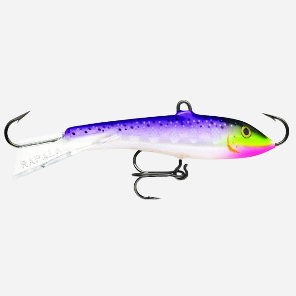 Fishing lure with a purple and pink body on a white background
