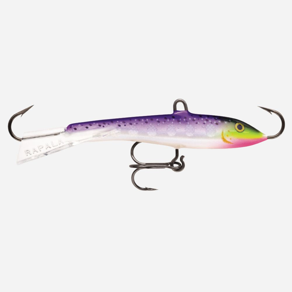 Fishing lure with purple and pink body on a white background