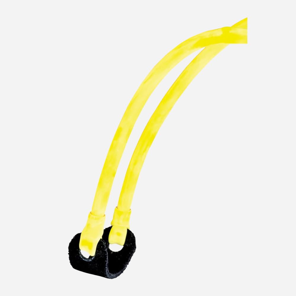 Yellow resistance band with black anchors on a white background