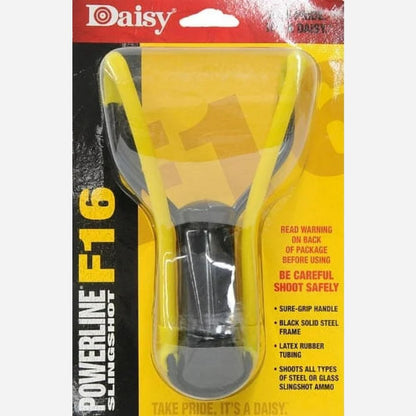 Daisy Powerline F16 slingshot in packaging with branding and safety warnings.