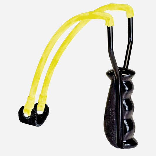 Black slingshot with yellow弹性带 on a white background