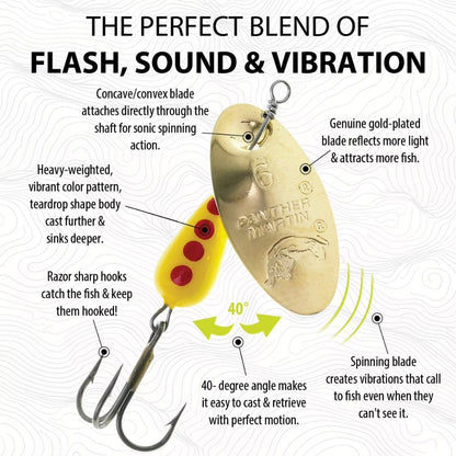 An infographic diagram showing a Panther Martin fishing lure with text callouts explaining its features, including concave blade, gold-plated blade, heavy-weighted body, and 40-degree angle, on a light gray background.