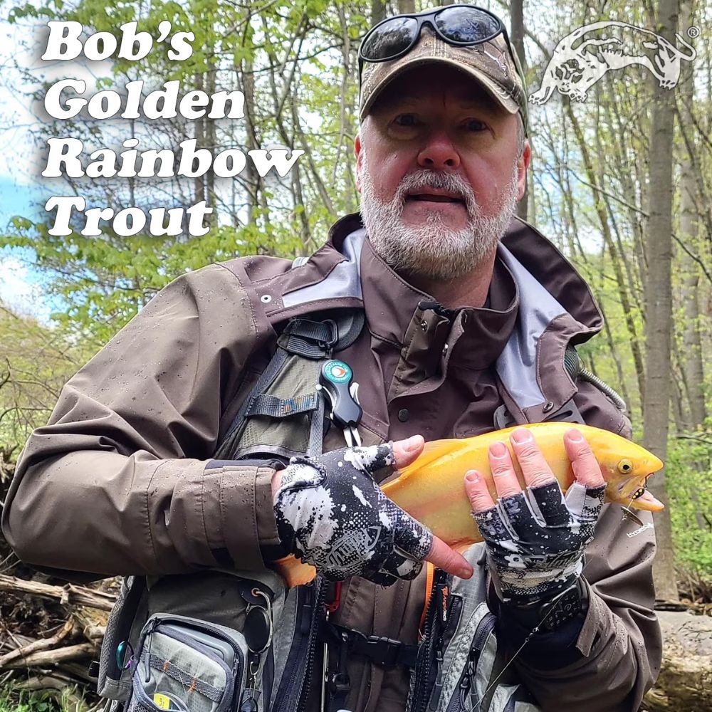 Man holding a golden rainbow trout with text 'Bob's Golden Rainbow Trout' and fishing gear in the background.