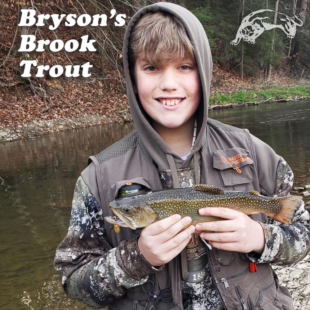 Child holding a fish by a stream with 'Bryson's Brook Trout' text and logo.