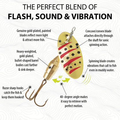 Gold-plated fishing spinner lure with vibrating blade, weighted body, and treble hook for attracting fish