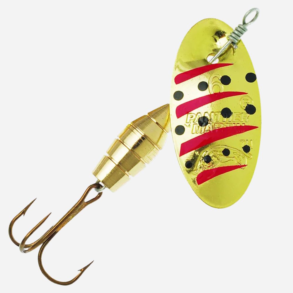 Gold Panther Martin spinner fishing lure with red stripes, black dots, and treble hook
