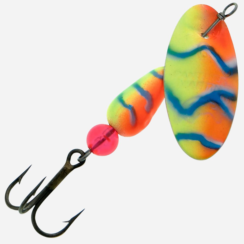 Colorful inline spinner fishing lure with orange, chartreuse, and blue blade, red bead, and treble hook.