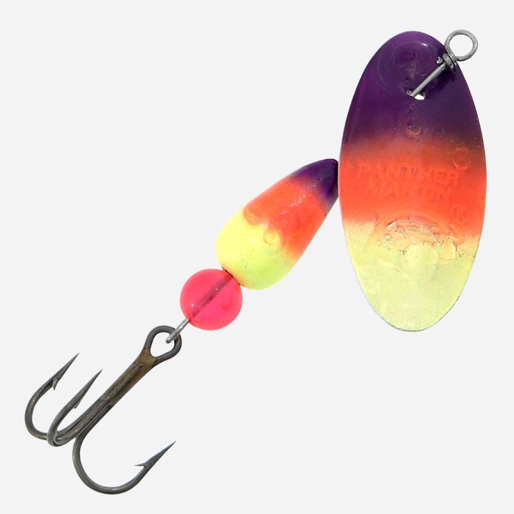 Colorful fishing lure with a gradient design on a white background