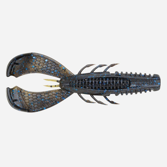 A soft plastic crawfish fishing lure with a dark gray and black body, blue glitter scales, and gold-tipped hooks, shown against a plain light gray background.