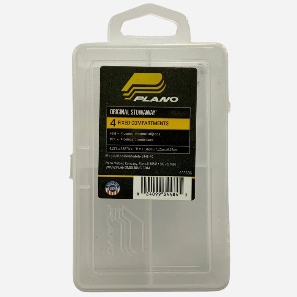 Plano Original Stowaway fishing tackle box with label on a white background