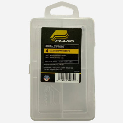 Plano Original Stowaway fishing tackle box with label on a white background