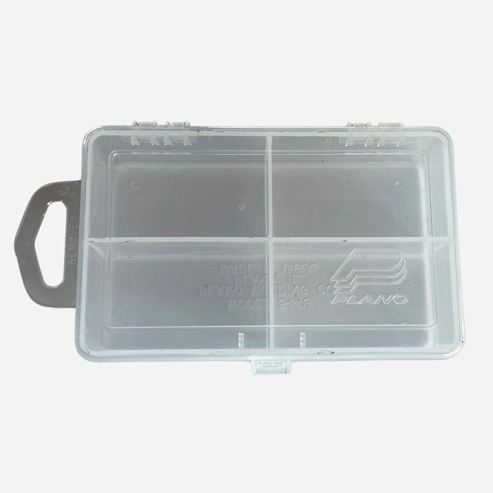 Clear plastic tackle box with compartments on a white background