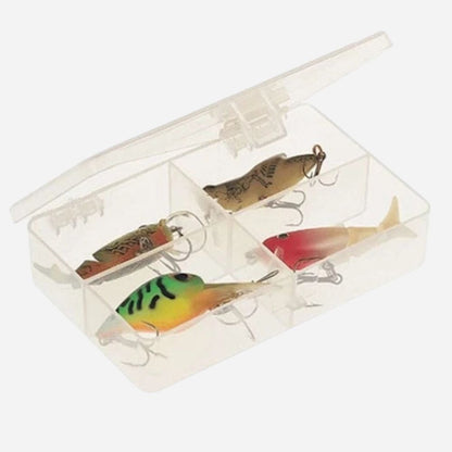 Set of colorful fishing lures in a clear box on a white background